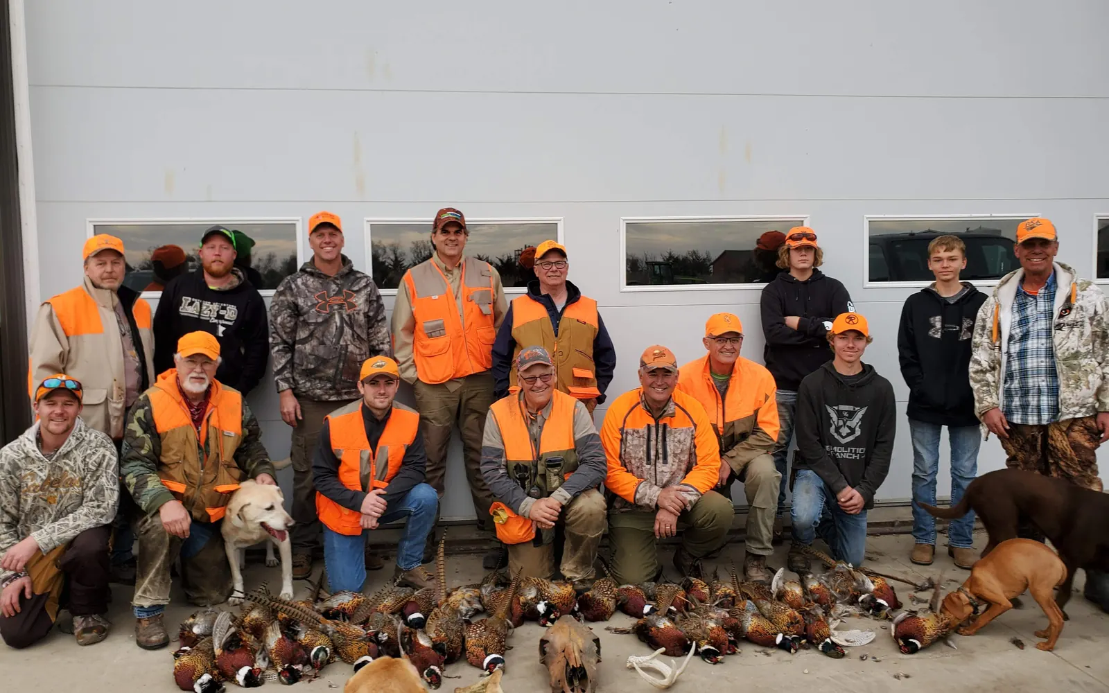 A large group of pheasant hunters and dogs with rows of roosters in front of a farm shop